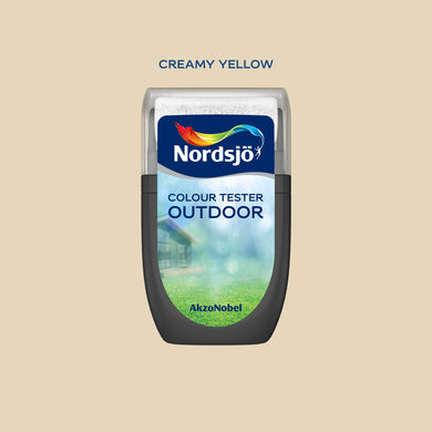 Test af udendørs maling i farven Nordsjö Creamy Yellow